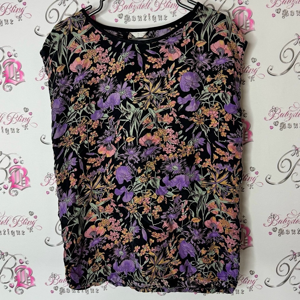 Thai silk village top tank 100% silk flowers Floral Black and Purple Women's Top